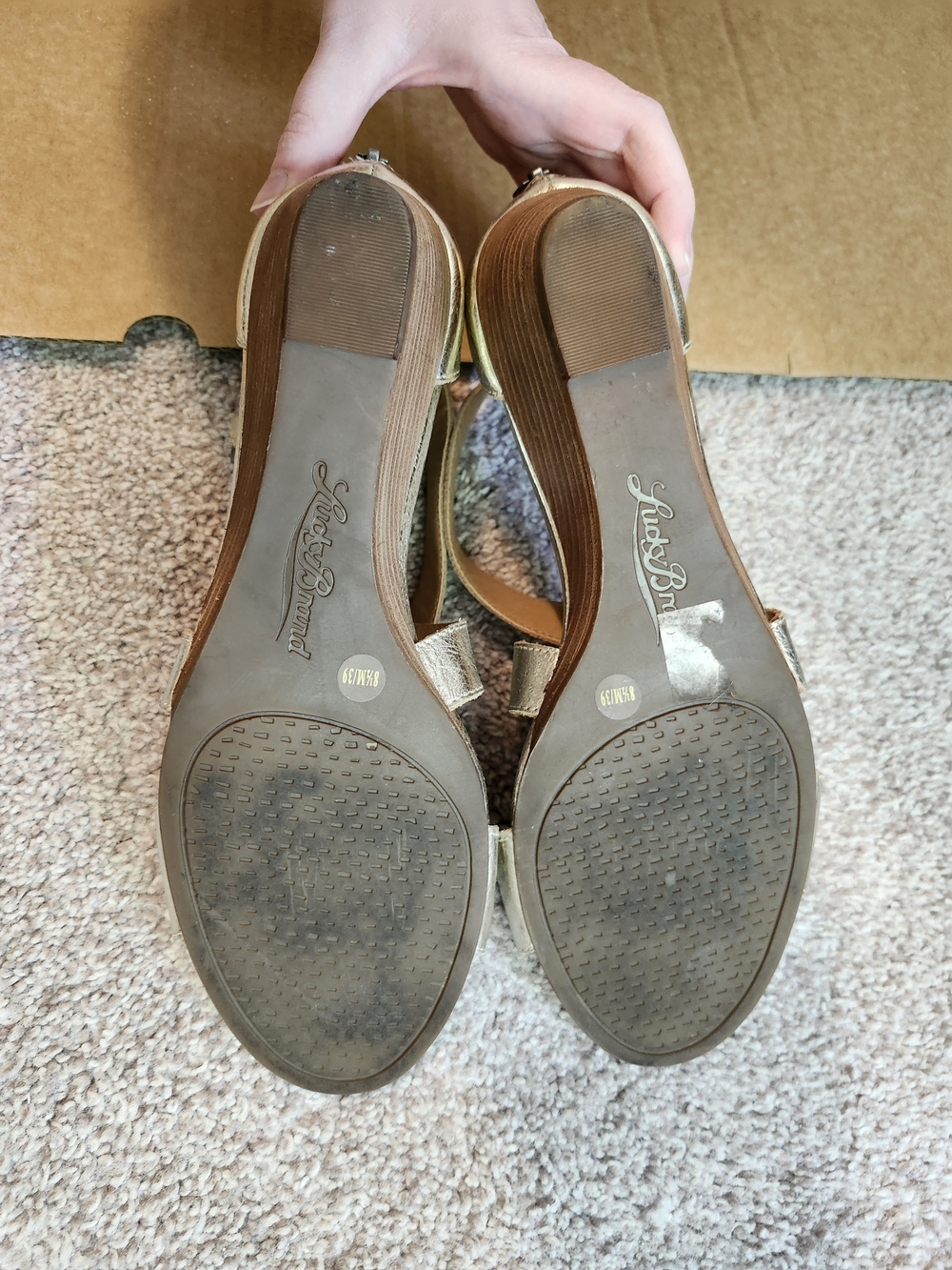 Lucky Brand Metallic Gold Crisscross Strap Wedge Sandals - Picture 7 of 8